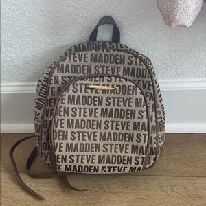 Steve Madden Logo Print Backpack in Brown and Cream